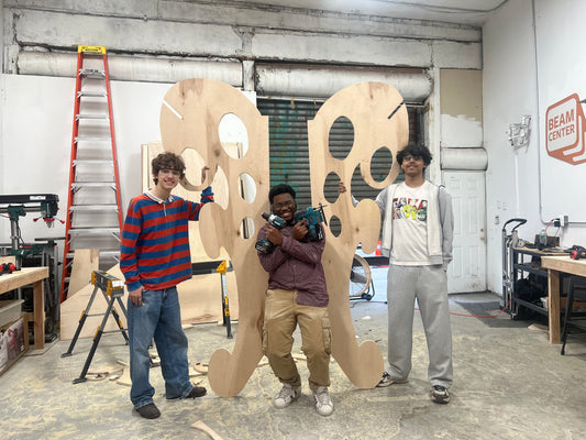 Unfinished woodcut pieces of Hurly Whirly with Beam Center youth